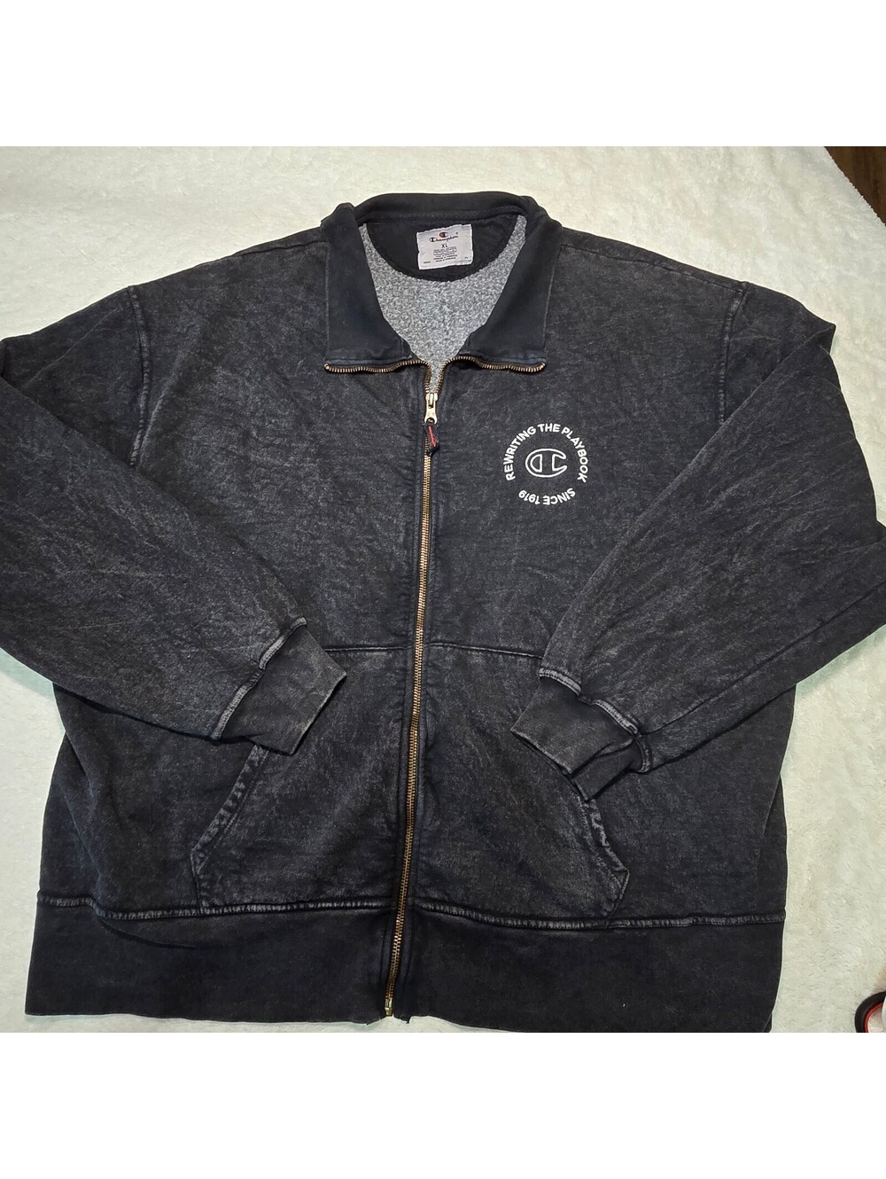 Champion Mock Neck Fleece Sweatshirt Jacket XL Acid Wash Gray 90s Distressed